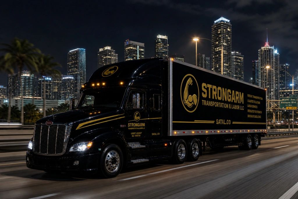 StrongArm Transportation & Labor LLC branded black and gold semi truck at night